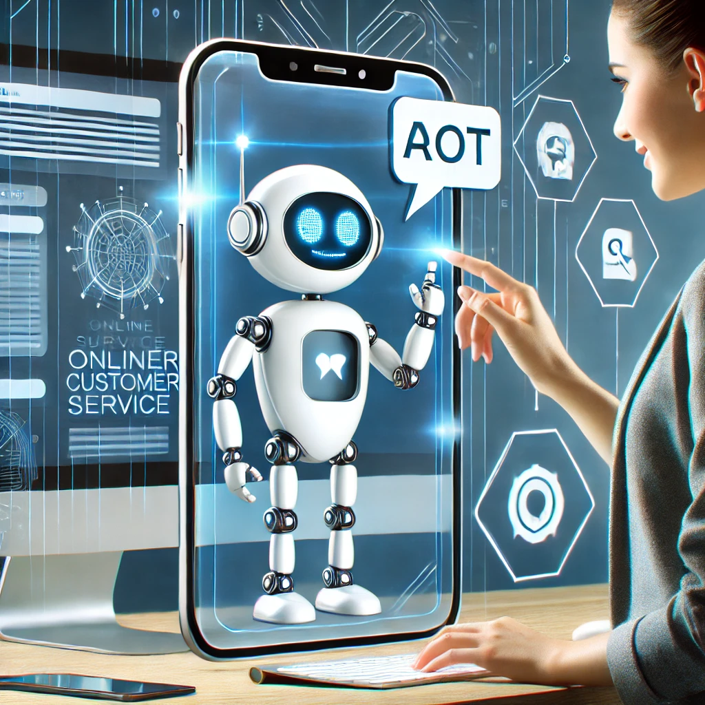 A professional, modern digital illustration of a chatbot assisting a customer in an online customer service setting. The image should feature a friend