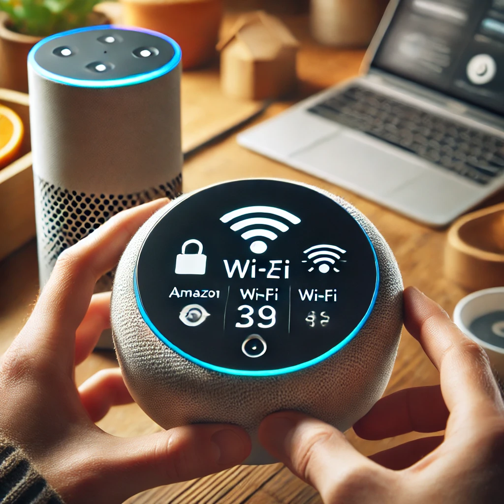 A close-up of a person setting up a smart home hub, such as an Amazon Echo or Google Nest Hub, with Wi-Fi connectivity visible on the screen