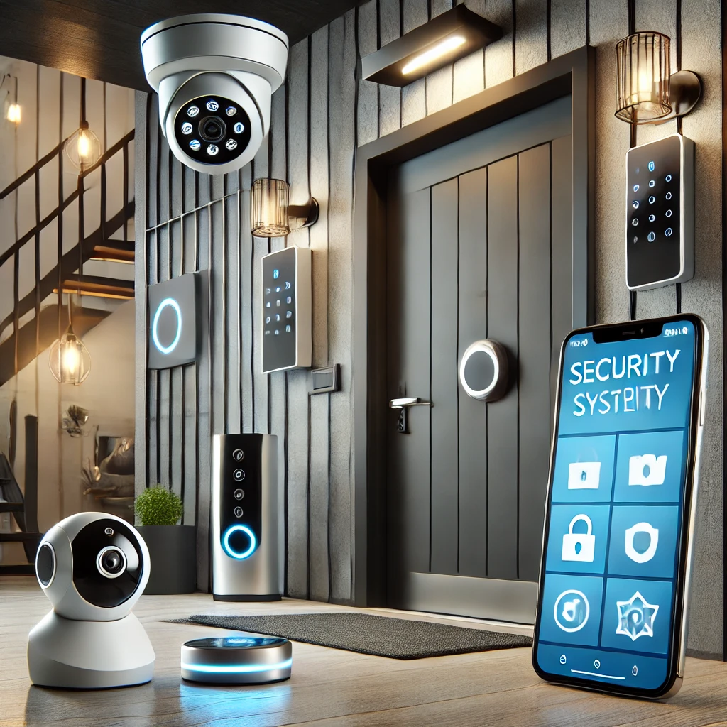 A modern smart home security system setup, featuring wireless security cameras, a smart door lock, and an alarm system. The scene is a contemporary ho