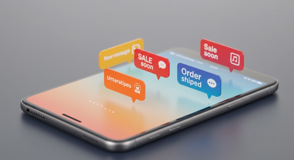 A modern smartphone screen displaying multiple vibrant push notification bubbles, symbolizing instant and direct mobile engagement