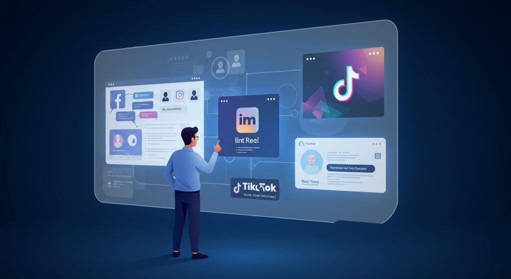 A person strategically interacting with multiple diverse social media platforms displayed on a large holographic screen, highlighting platform-specific marketing approaches