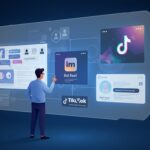A person strategically interacting with multiple diverse social media platforms displayed on a large holographic screen, highlighting platform-specific marketing approaches
