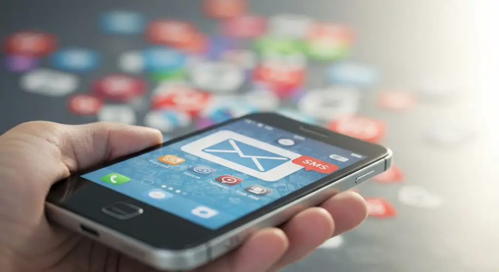 A smartphone screen showing a clear SMS message, surrounded by blurred and overflowing digital noise like emails and social media icons, symbolizing effective SMS marketing cutting through clutter