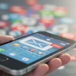A smartphone screen showing a clear SMS message, surrounded by blurred and overflowing digital noise like emails and social media icons, symbolizing effective SMS marketing cutting through clutter