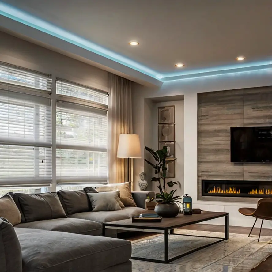 A white, circular passive infrared occupancy sensor installed on a ceiling in a modern office, blending seamlessly with the decor, indicating smart energy management.