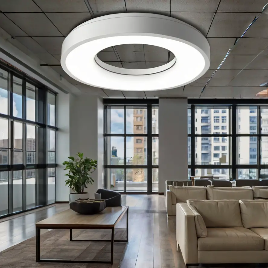 A white, circular passive infrared occupancy sensor installed on a ceiling in a modern office, blending seamlessly with the decor, indicating smart energy management.
