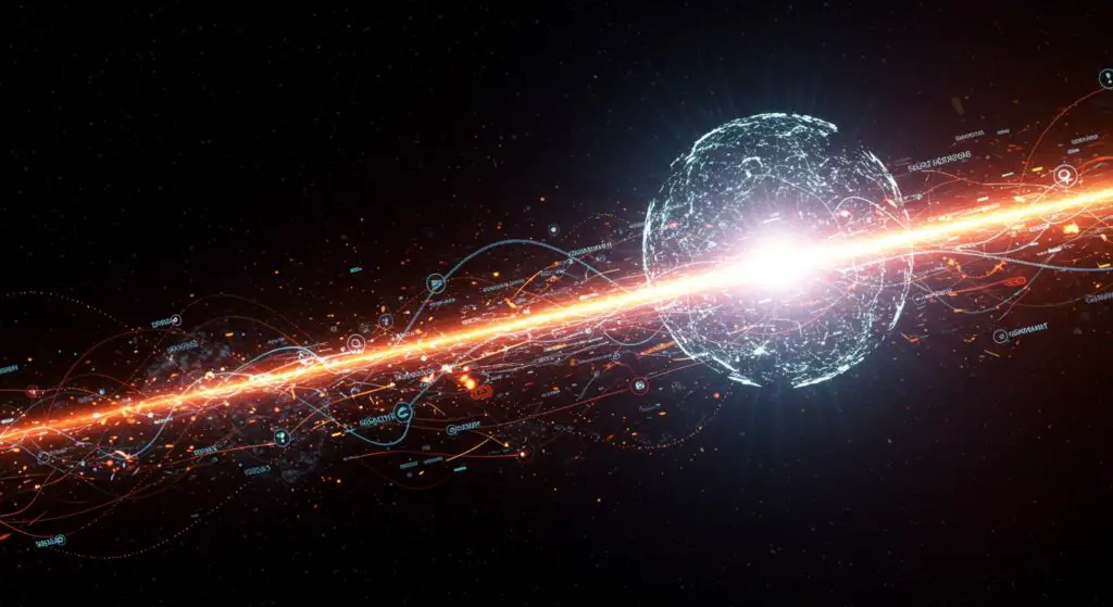 Abstract visualization of glowing digital pathways and data streams converging, symbolizing interconnected SEO strategies for optimal digital visibility and search engine ranking