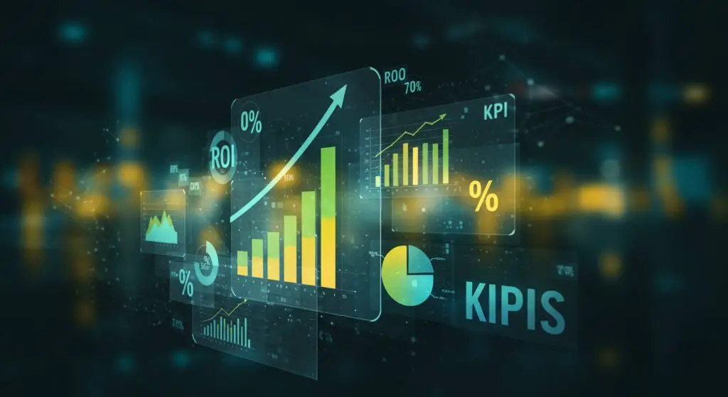 Data dashboards showing key performance indicators (KPIs) and ROI for influencer marketing, with charts, graphs, and percentage gains, symbolizing successful campaign measurement and optimization.