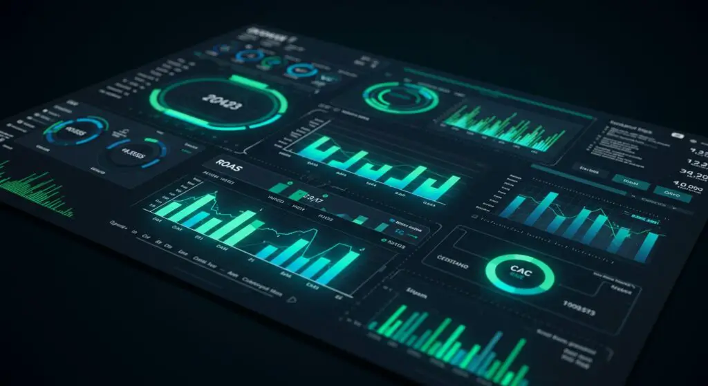 Digital dashboard showing influencer marketing ROI metrics, charts, and data analysis for campaign optimization
