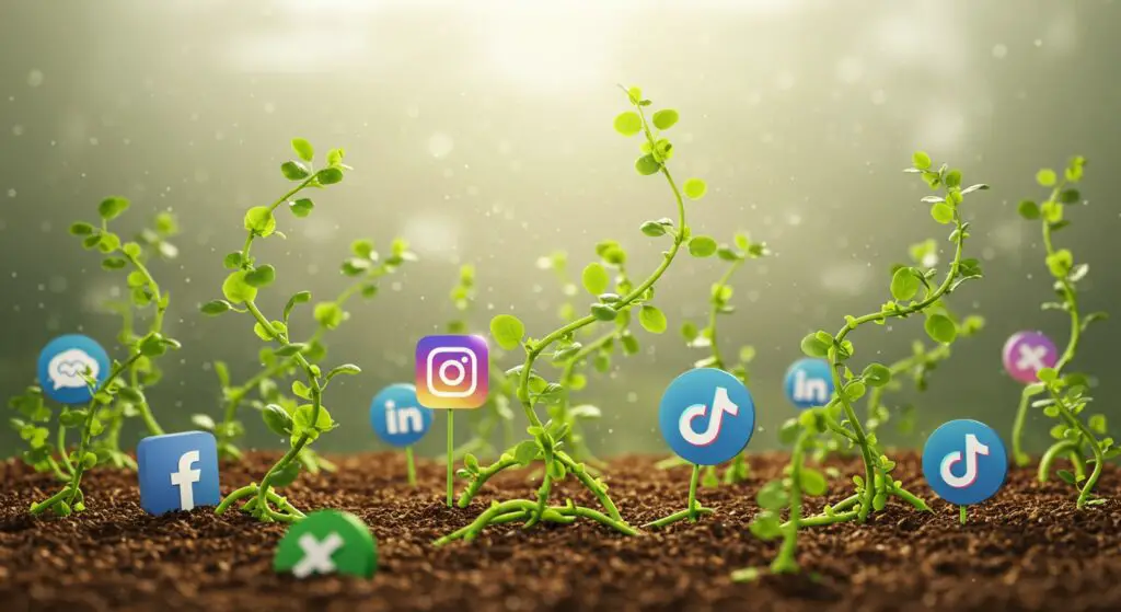 Digital garden with social media icons blossoming into genuine connections, symbolizing organic social media growth