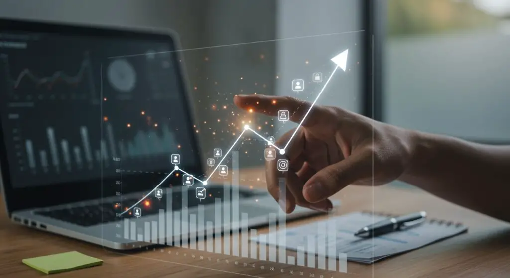 Digital graphs and data points illustrating long-term organic social media growth and ROI, with a human hand analyzing the progress