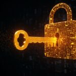 Digital key unlocking a glowing padlock of data, symbolizing successful SEO strategies for digital visibility and unlocking online potential.