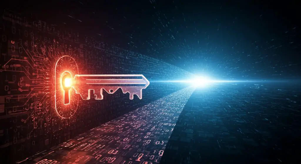 Digital key unlocking a glowing padlock of data, symbolizing successful SEO strategies for digital visibility and unlocking online potential1