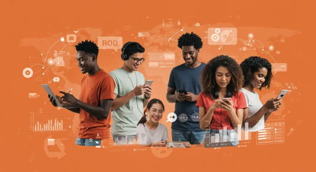Diverse influencers connecting with their global audience through social media, representing the human element of marketing