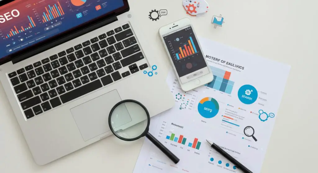 Flat lay of a modern desk with SEO tools laptop with analytics, magnifying glass over keywords, smartphone, and icons, representing essential SEO ranking techniques.