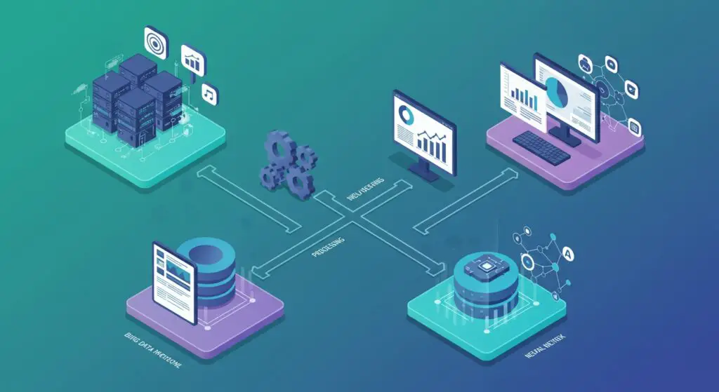 Infographic style illustration depicting the interconnected categories of big data tools: data storage, processing, visualization, and machine learning, forming a cohesive ecosystem