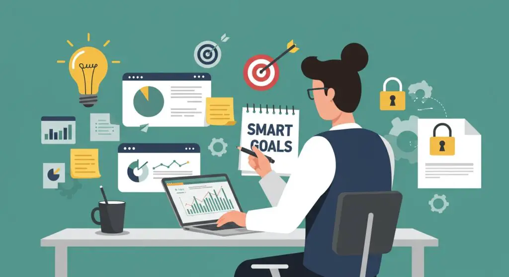 Marketer planning influencer marketing strategy with SMART goals and data insights, optimizing for better returns
