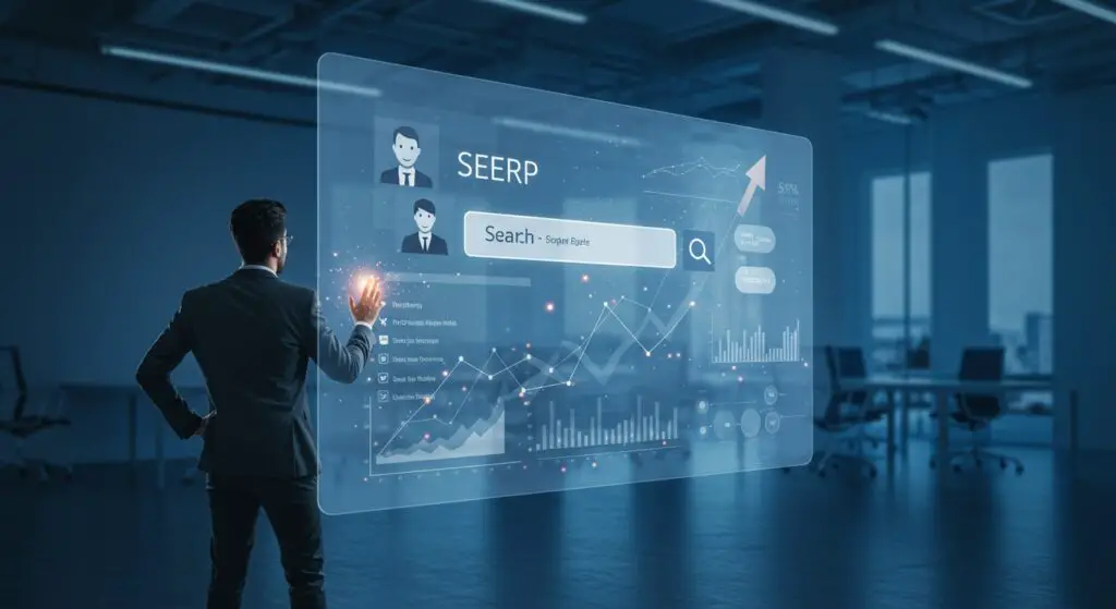 Person confidently viewing a holographic search engine results page (SERP) with top rankings, illustrating the impact of effective SEO on digital visibility and search ranking.