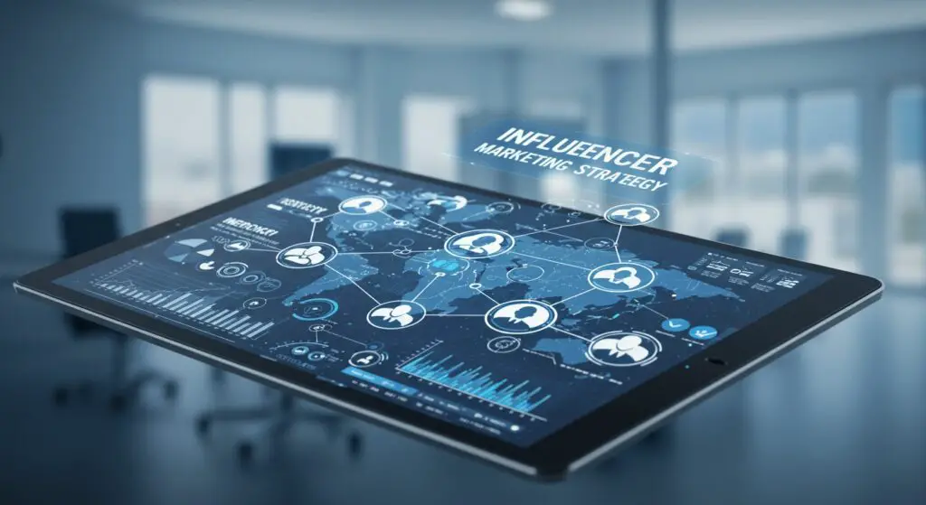Strategic influencer marketing campaign planning on a digital tablet with charts and global connections, symbolizing comprehensive digital strategy and success