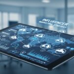Strategic influencer marketing campaign planning on a digital tablet with charts and global connections, symbolizing comprehensive digital strategy and success
