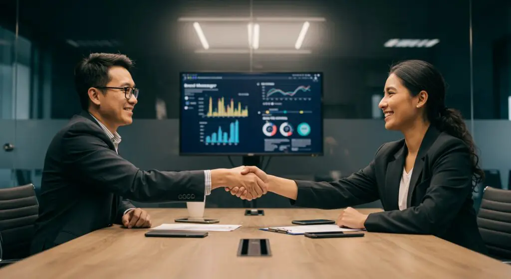 Two diverse individuals, representing a brand manager and an influencer, shaking hands across a modern conference table with digital screens displaying collaboration data in the background, symbolizing a successful, balanced influencer marketing negotiation
