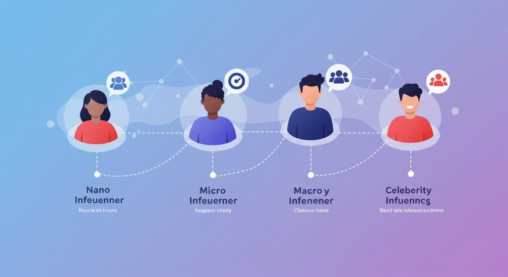 Visual representation of different types of influencers, from nano to celebrity, connected by digital lines, illustrating the diverse landscape of content creators and their audience reach
