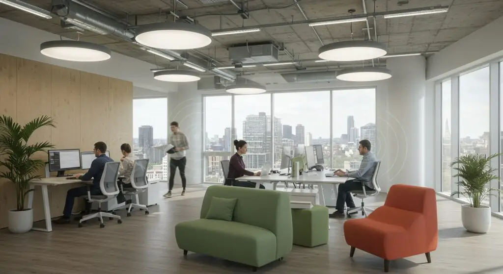 Well-lit modern open-plan office space with employees working, demonstrating how occupancy sensors provide optimal lighting and climate control for comfort and productivity