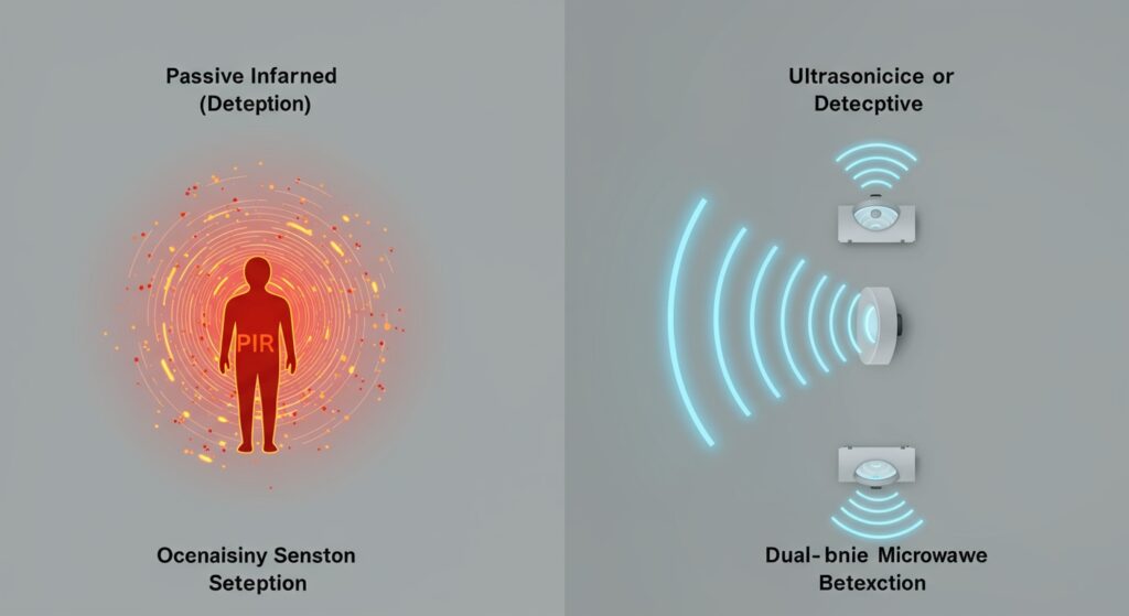 Abstract illustration comparing different types of occupancy sensor detection, showing infrared heat signatures, ultrasonic sound waves, and possibly microwave signals interacting with a human silhouette in a room