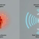 Abstract illustration comparing different types of occupancy sensor detection, showing infrared heat signatures, ultrasonic sound waves, and possibly microwave signals interacting with a human silhouette in a room