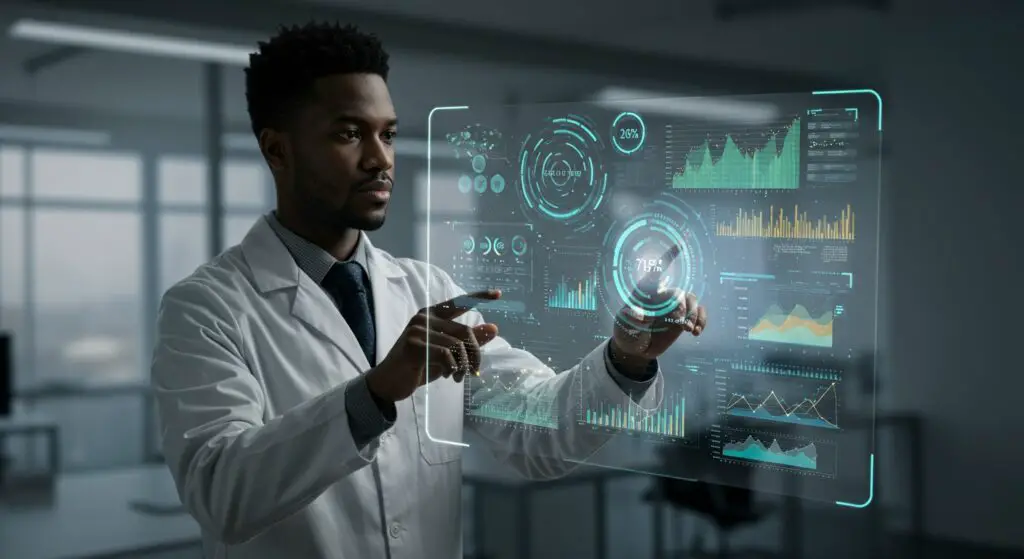 A data analyst interacting with an interactive, glowing dashboard displaying complex business insights derived from big data, symbolizing the power of data visualization tools.
