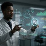 A data analyst interacting with an interactive, glowing dashboard displaying complex business insights derived from big data, symbolizing the power of data visualization tools.