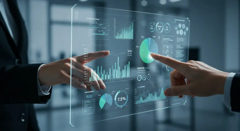 A person's hands interacting with a holographic or transparent screen displaying various influencer marketing metrics like engagement rates, follower demographics, and ROI charts, emphasizing data-driven strategy.