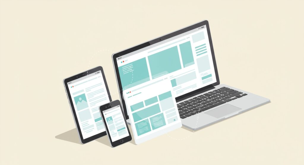 Three digital screens (smartphone, tablet, laptop) displaying the same website content, adapting perfectly to each device size, illustrating responsive design.