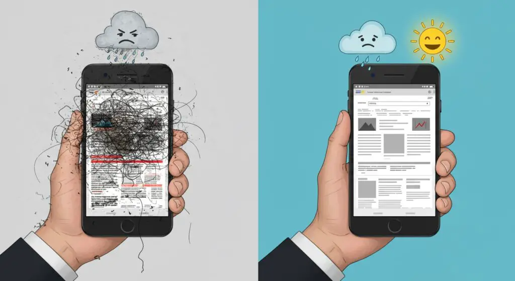 Split screen comparing a poorly rendered, zoomed-out website on a mobile phone (bad user experience) with a perfectly responsive and user-friendly mobile website (good user experience).