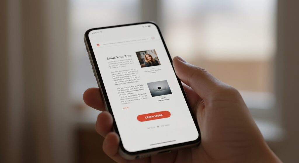 Close-up of a mobile screen showing optimized responsive content: clear, readable text, a scaled image, and a prominent, tappable button, indicating a good user interface.