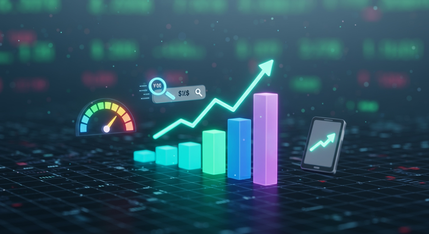 Digital graph showing increasing organic traffic and improved search engine rankings, with a mobile phone icon and an upward arrow, representing the positive ROI of mobile marketing