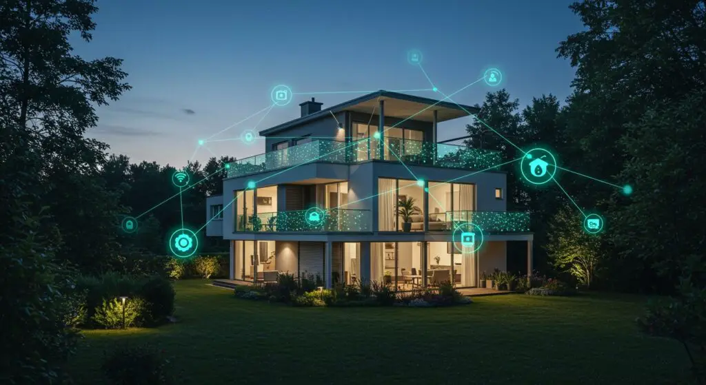 Abstract glowing mesh network overlaying a modern, expansive smart home, symbolizing seamless connectivity across a large property