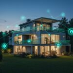 Abstract glowing mesh network overlaying a modern, expansive smart home, symbolizing seamless connectivity across a large property