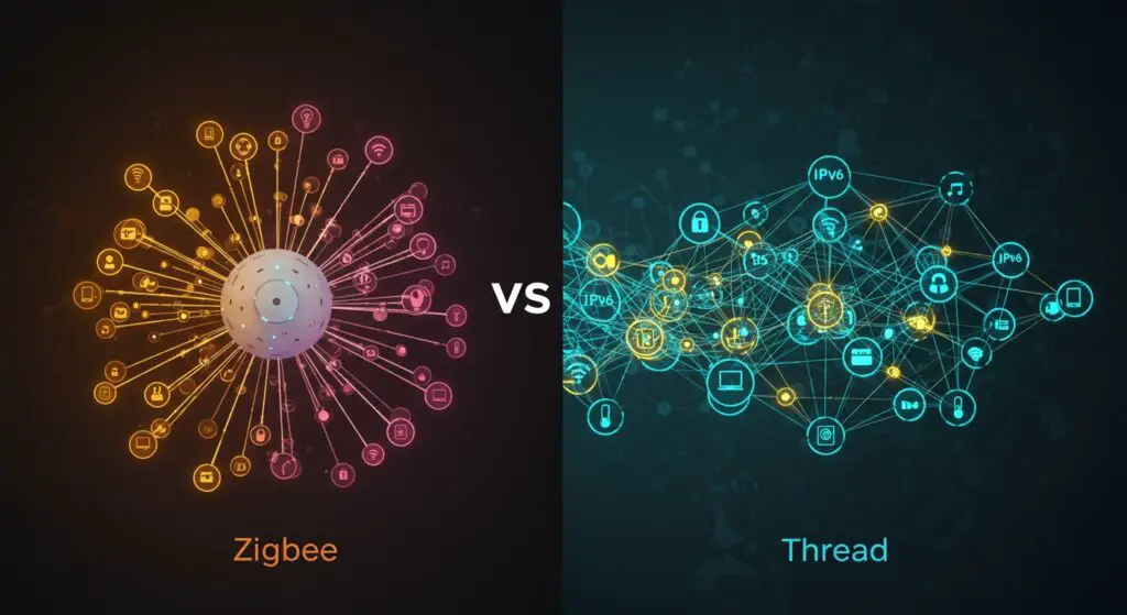 Visual comparison illustrating Zigbee's central hub network versus Thread's distributed IP-based mesh network, highlighting their distinct architectures.