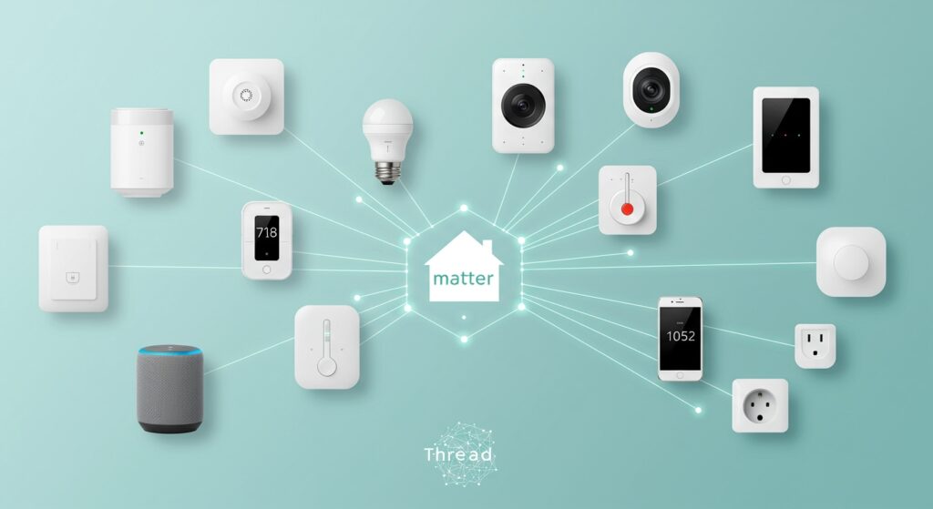 An array of diverse smart home devices from different brands, including smart speakers, lights, and sensors, all seamlessly interconnected through the Matter standard via a Thread network.