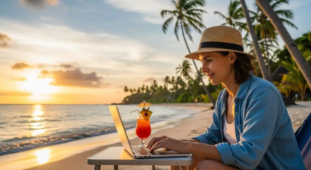 a-digital-nomad-working-on-a-laptop-on-a-beach
