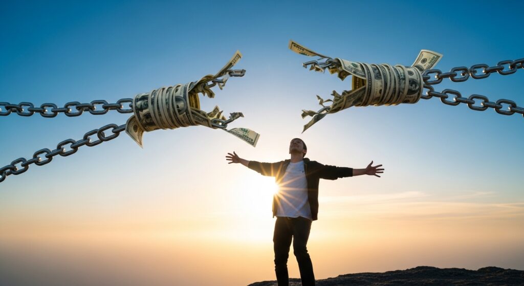a-person-breaking-free-from-chains-made-of-dollar-