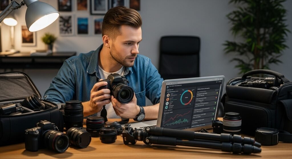 a-photographer-holding-a-camera-looking-at-a-lapto