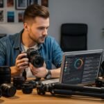 a-photographer-holding-a-camera-looking-at-a-lapto