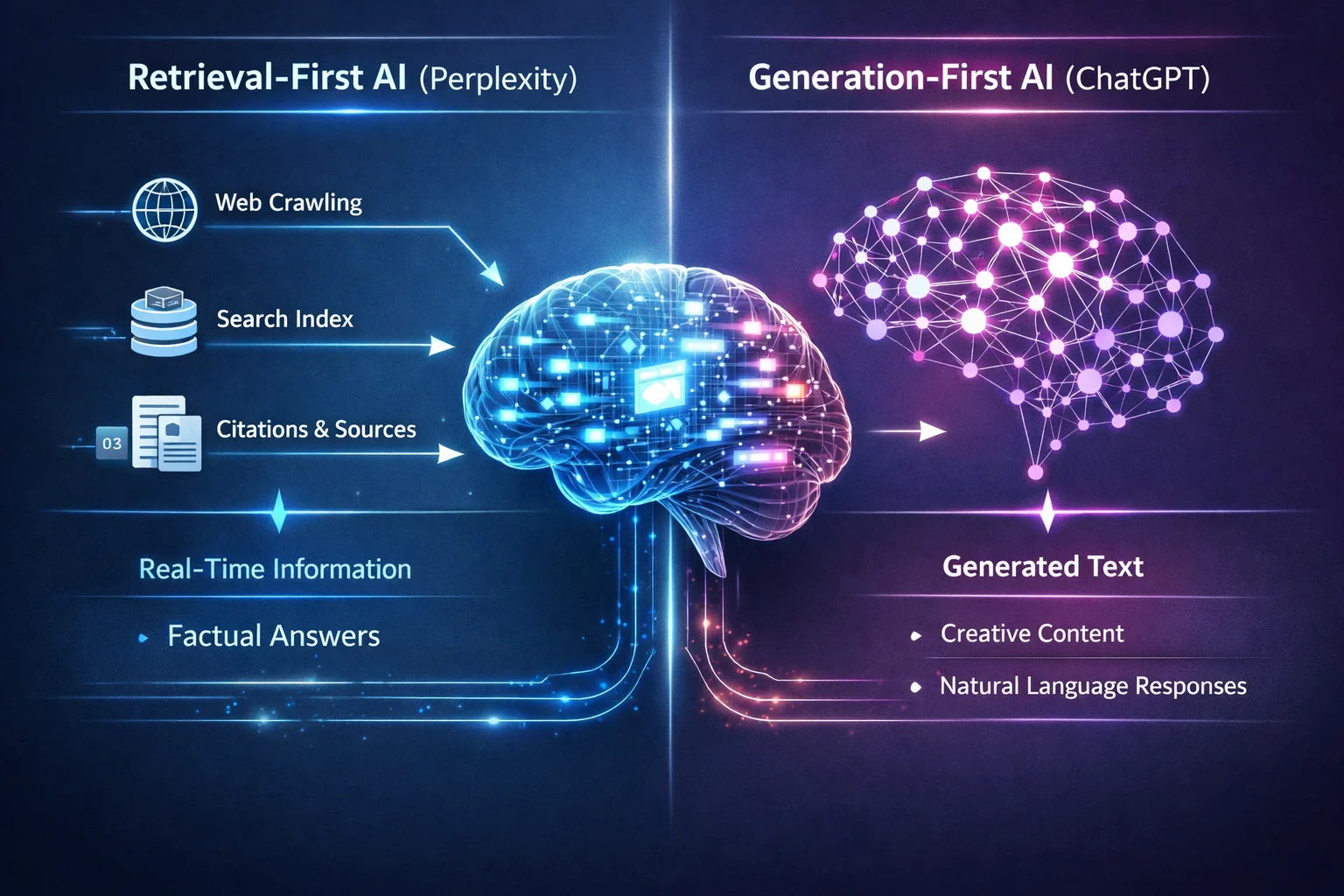 Perplexity AI vs ChatGPT side-by-side comparison showing research and creative capabilities in a modern interface