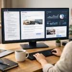 AI-powered email newsletter writing workflow in a modern office.