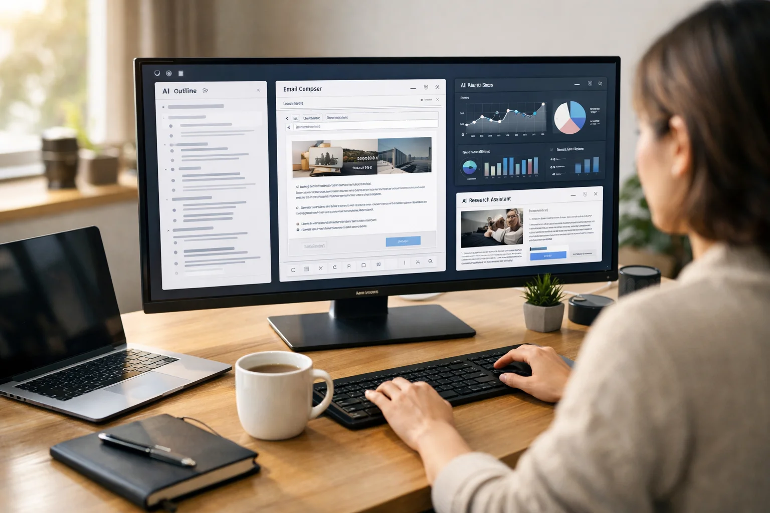 AI-powered email newsletter writing workflow in a modern office.