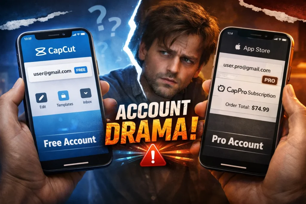 CapCut-user-realizing-they-paid-for-Pro-on-a-different-email-account-than-the-one-currently-logged-in-1024x683 Why Does CapCut Still Show a Watermark After You've Paid? (2026 Fix Guide)