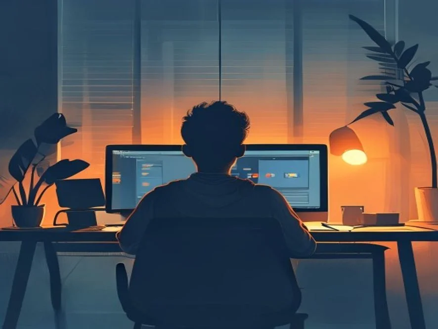 Illustration of an anonymous AI tools reviewer working at a laptop