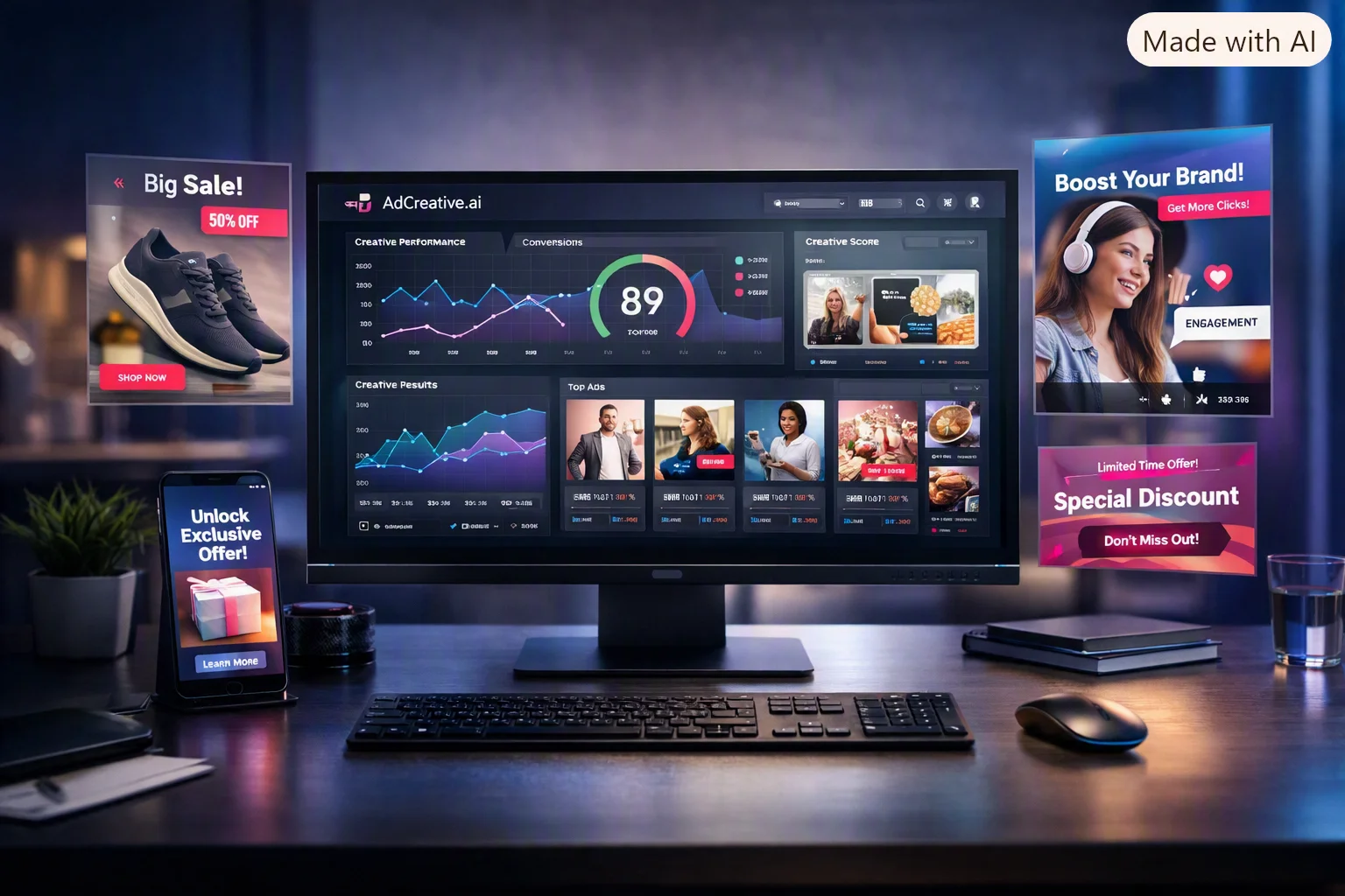 AI advertising platform dashboard showing multiple ad creatives and performance analytics